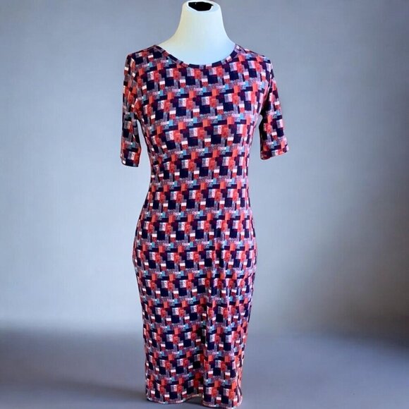 LuLaRoe The Julia Multicolor Geometric Short Sleeve Fitted Knee Midi Dress S - Picture 6 of 8